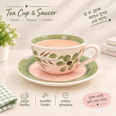 Tea Cup & Saucer - Green Rim Floral / চা কাপ ও সসার - সবুজ কিনারা ফুলের ডিজাইন