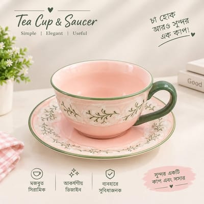 Tea Cup & Saucer - Pink Green Leaf / চা কাপ ও সসার - পিংক সবুজ পাতা