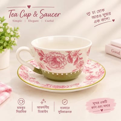 Tea Cup & Saucer - Pink Rose Floral / চা কাপ ও সসার - পিংক গোলাপ ফুলের ডিজাইন