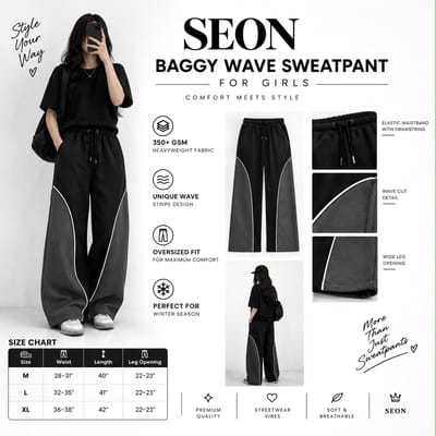 SEON Baggy Stripe Wave Sweatpant for Girls - Black - Size XL