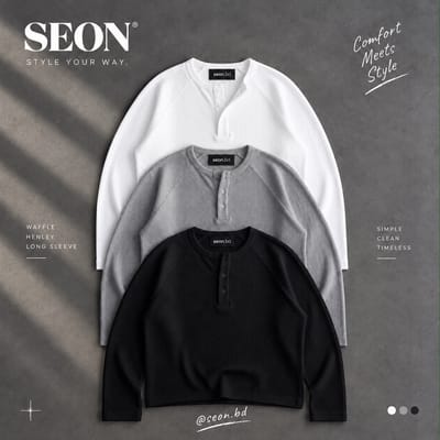 SEON Waffle Henley Long Sleeve - Black - Size XL
