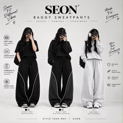 SEON Baggy Stripe Wave Sweatpant for Girls - Black - Size M