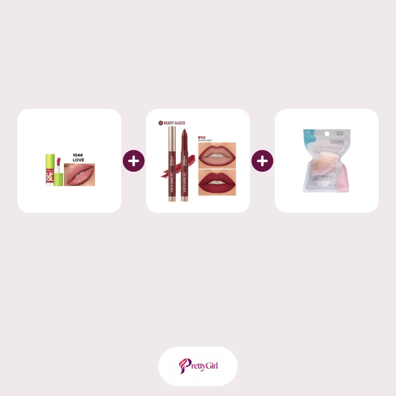 Beauty Glazed Glow Lip Oil – Love 104 + Beauty Glazed Lip Crayon – Burgundy B112 + LMLTOP Beauty Puff (PINK)