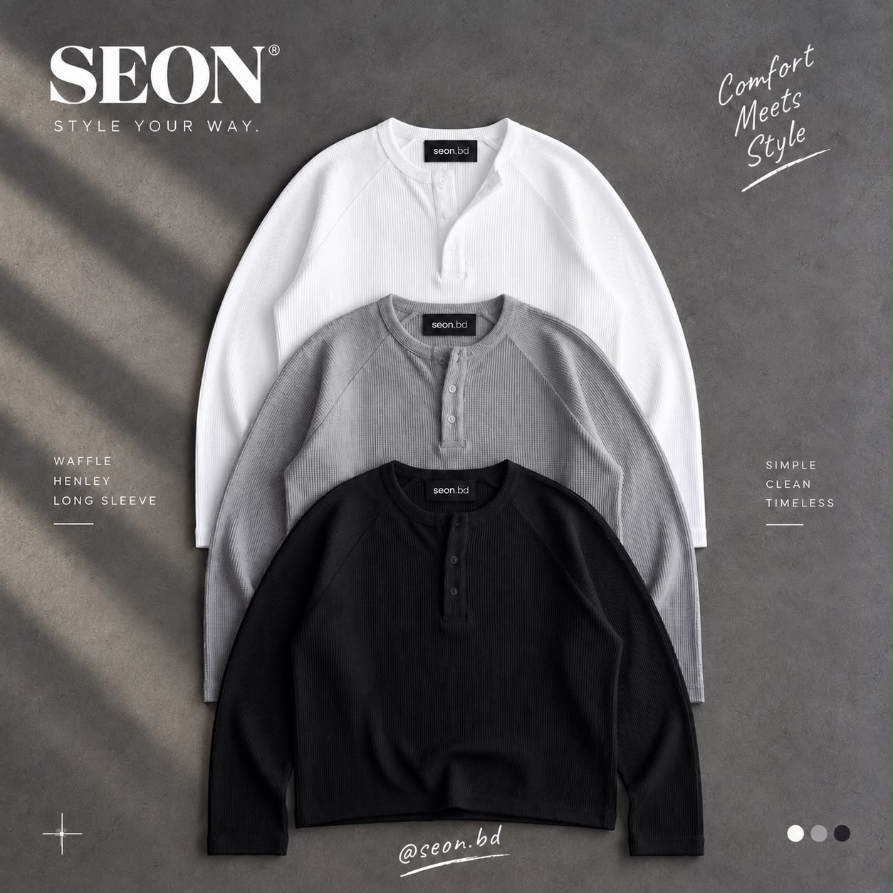 SEON Waffle Henley Long Sleeve - Black - Size M